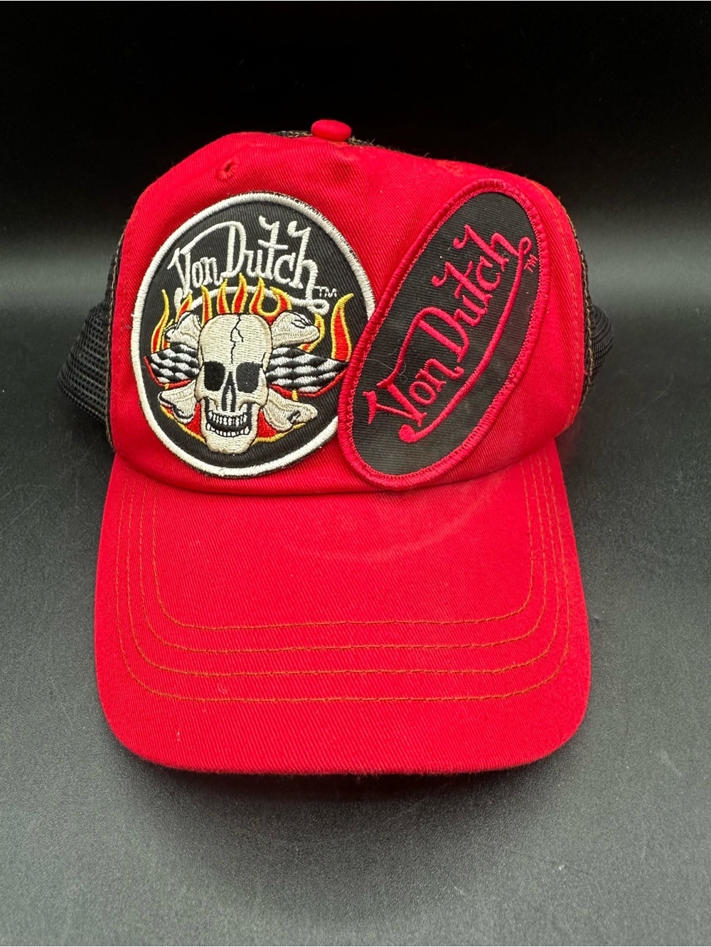 VTG Von Dutch Hat Cap Red Double Patch Distressed Mesh Trucker Snapback Skull